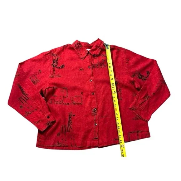 Chico’s red rhino elephant zebra shirt shacket long sleeve size 2 100% linen - Picture 8 of 15